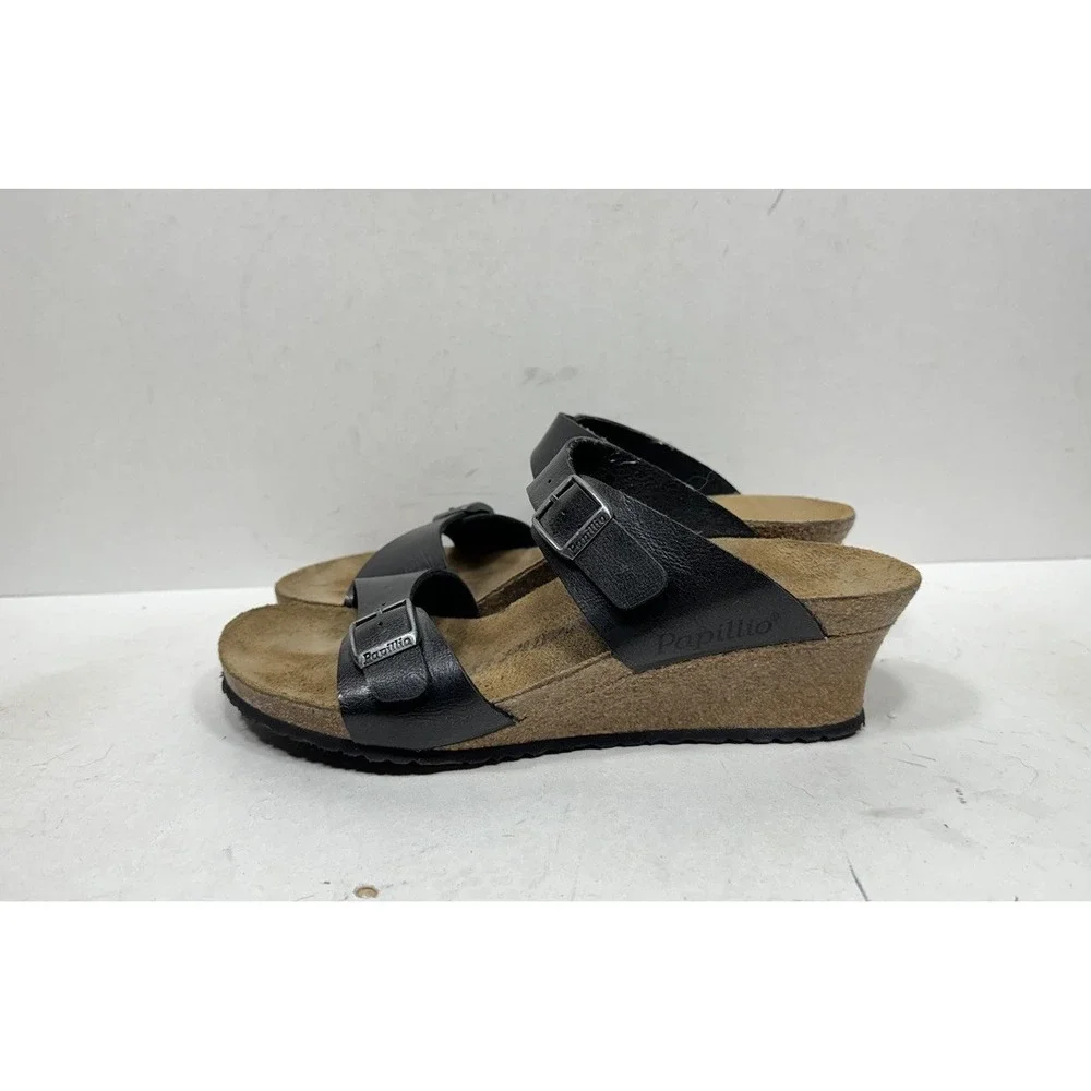 Birkenstock Papillio Dorothy Black Double Strap Wedge Sandals Womens Size 9 N